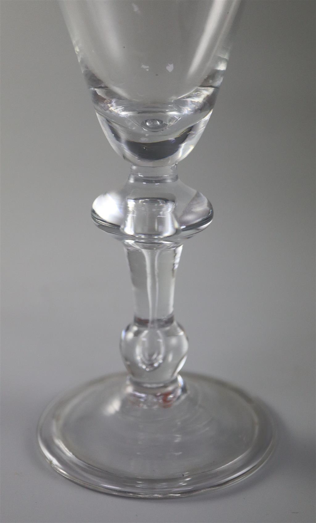 An English or Dutch light baluster wine glass, c.1740, 17.2cm high